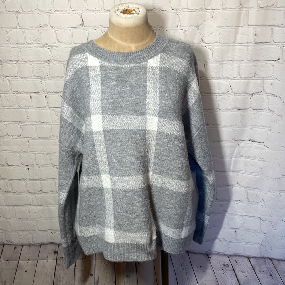 Anne Klein Cozy Light‎ Academia Grey Ivory Plaid Boxy Sweater Size XL